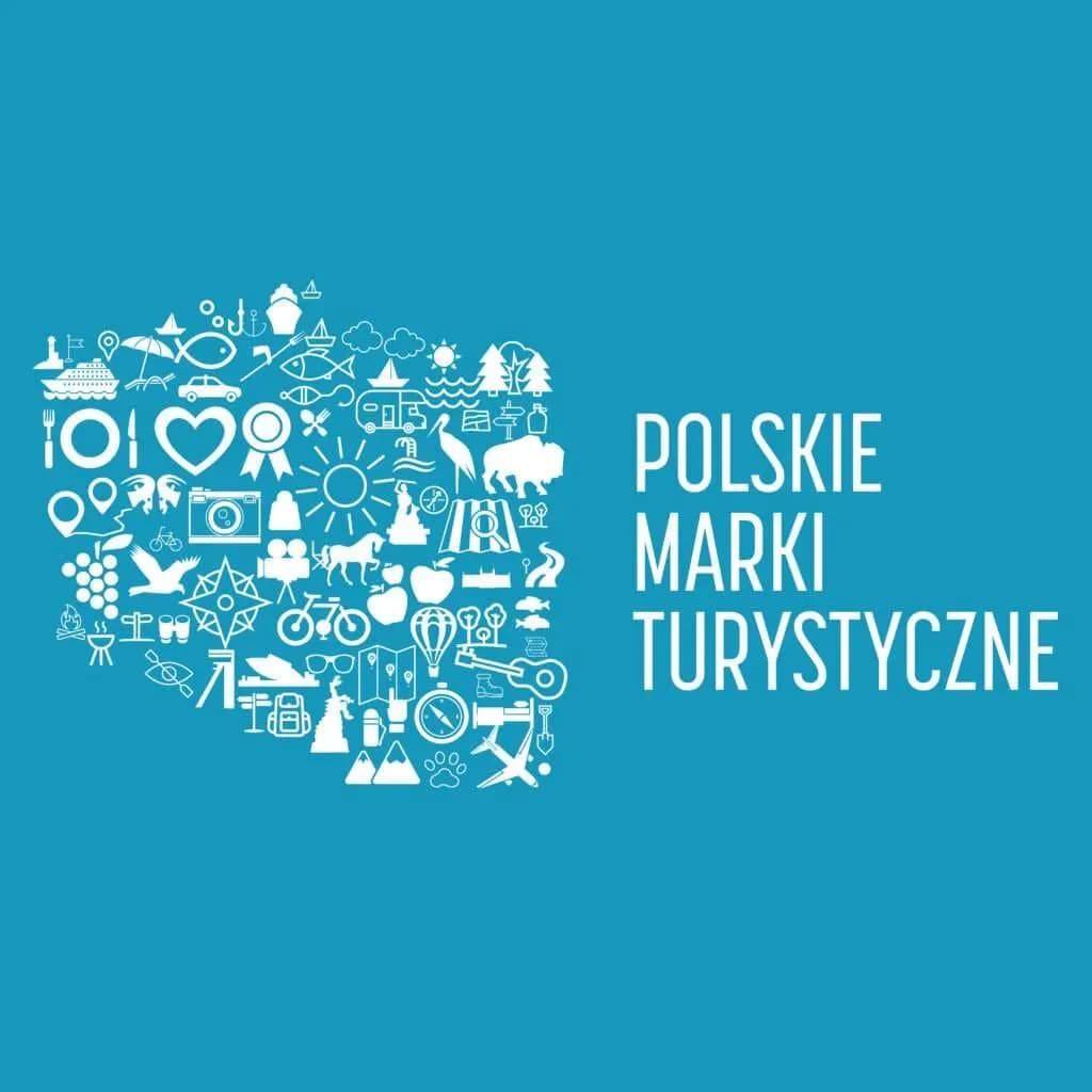 A blue background with white icons forming the shape of Poland, representing various tourist attractions and activities, next to the white text 'POLSKIE MARKI TURYSTYCZNE'.